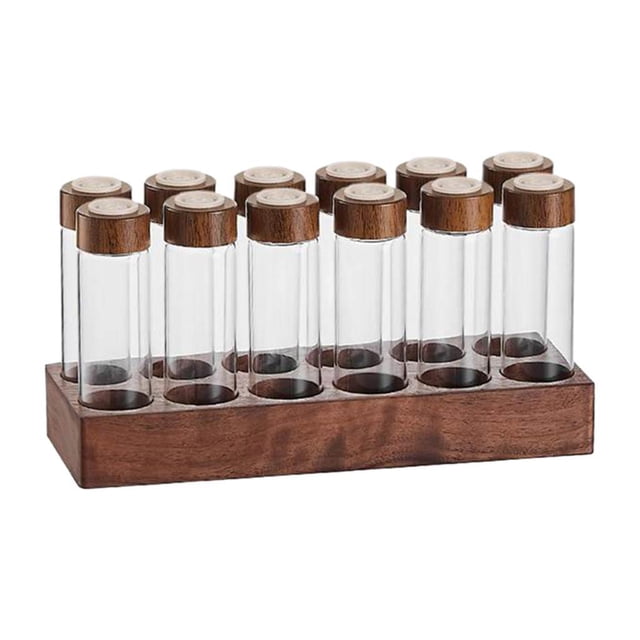 Contenedores de café con estante Tubos de almacenamiento de granos de café con tapas herméticas de madera 12 hoyos 22g