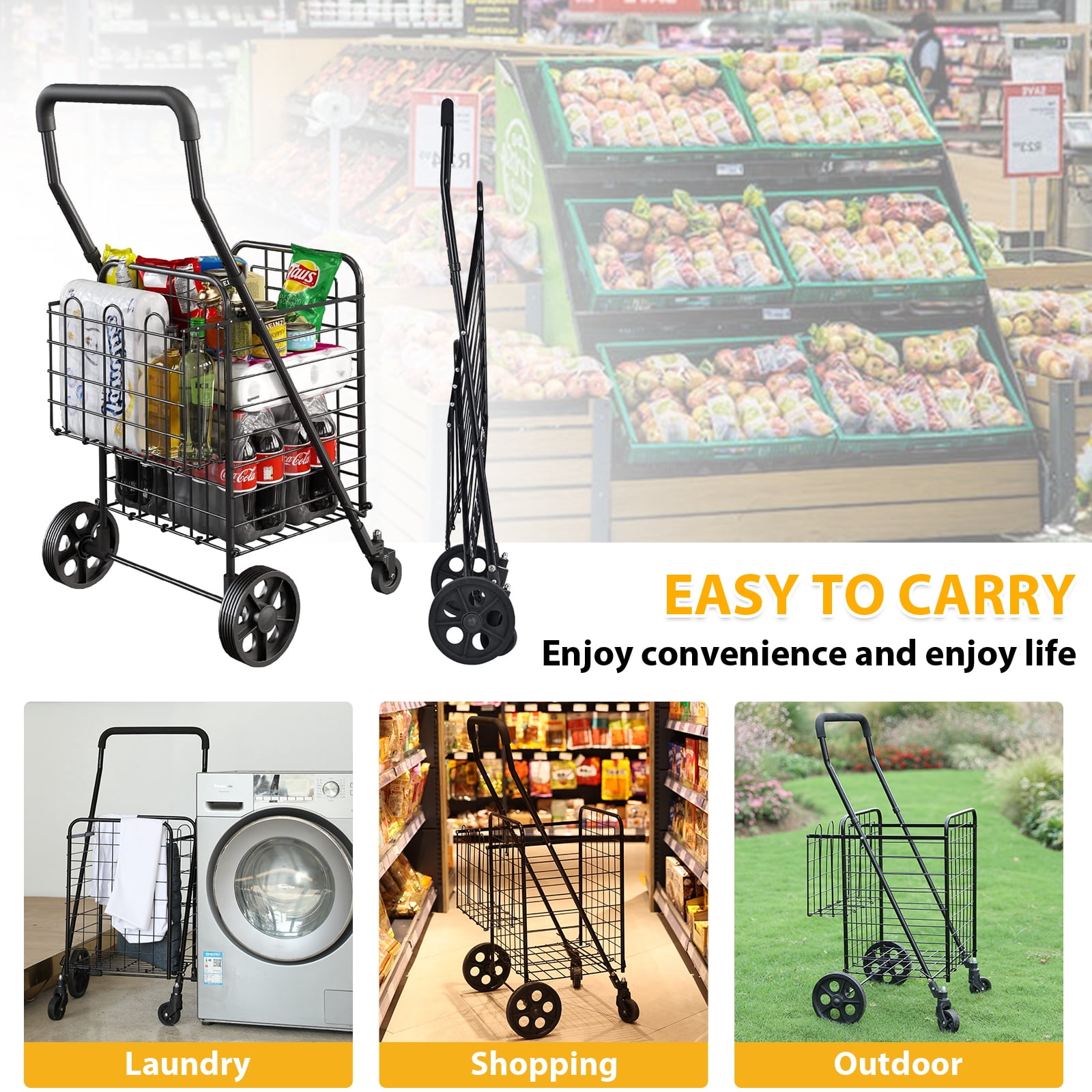 Siffler Shopping Cart with Swivel Wheels, Black