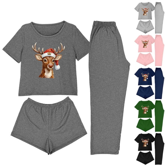 Gifts Dianli 3 Piece Pajama Set Loungewear Women's Short Sleeve Top Shorts And Pants Set Comfortable Cotton Blend Soft Breathable Casual Homewear Sleepwear Gift Set