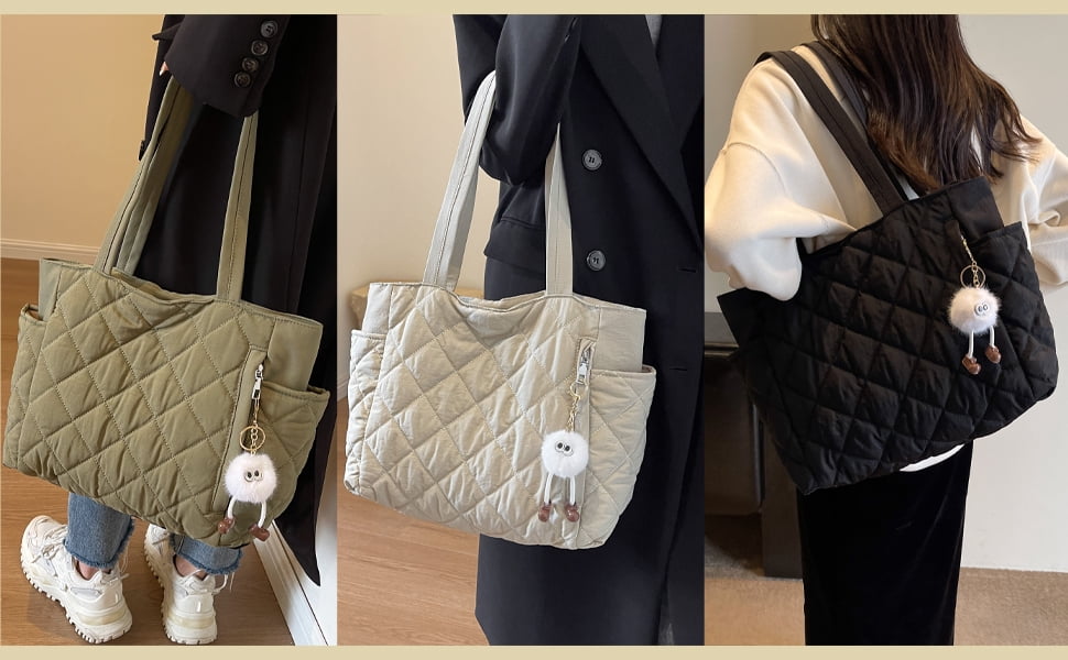 Travel Totes，Puffer Work Tote Bag for Women, Quilted Puffy Bag with compartments (Beige)