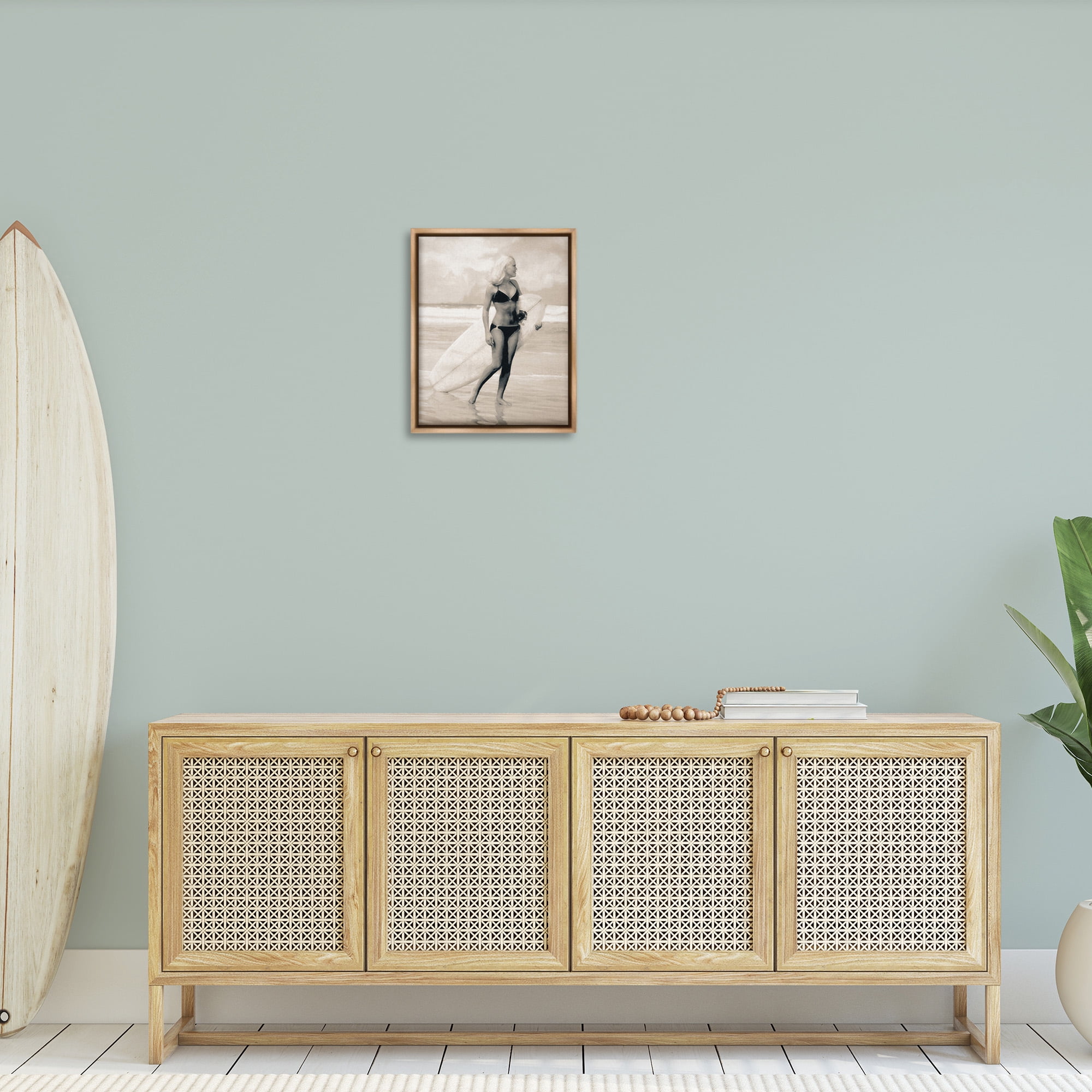 Stupell Industries Surfing Woman on Shore Sports Painting Brown Floater Framed Canvas Art Print Wall Art, 17 x 21