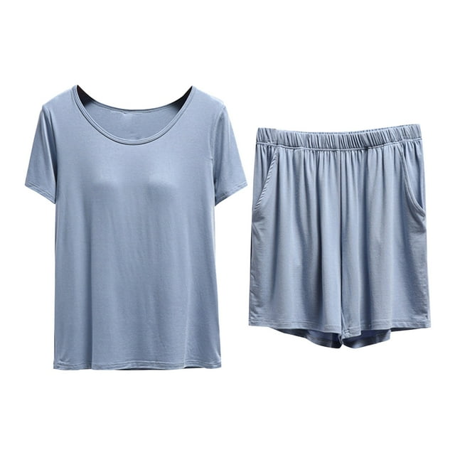 Gibobby Pijamas para mujer Mujeres con sujetador con almohadilla en el pecho Camiseta de manga corta Top 5 Pantalones Conjunto de ropa fina de verano para el(Azul,M)