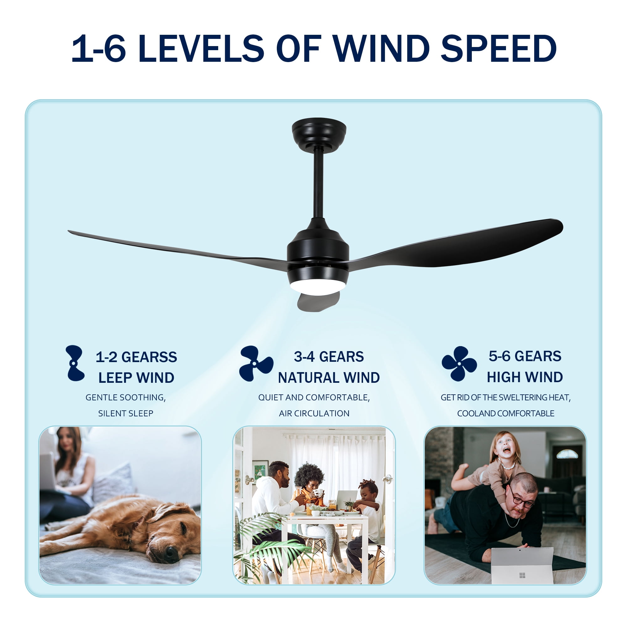 Leumius 52" Ceiling Fan with Light, Quiet DC Motor 3 ABS Blade Ceiling Fans 6 Speed Levels,Reversible Ceiling Fan for Patio Living Room Bedroom Office Black