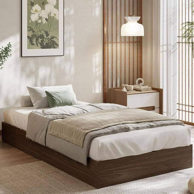 Twister.CK Twin Size Wood Bed Frame, Wooden Platform Bed Frame without Headboard, No Box Spring Needed, Easy Assembly, Walnut