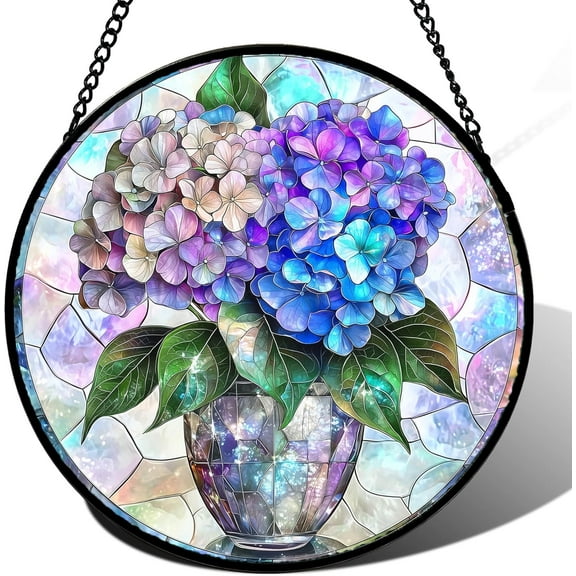 Stained Glass Window Hanging, Blue Purple Hydrangea Flowerpot Suncatcher for Doors Home Sun Catchers Decoration and Christmas, Mother's Day Birthday Gifts for Women, Men, and Mom