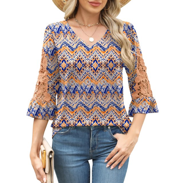 Blusa tipo túnica Rapbin de verano, manga 3/4, encaje, mujer, estilo bohemio