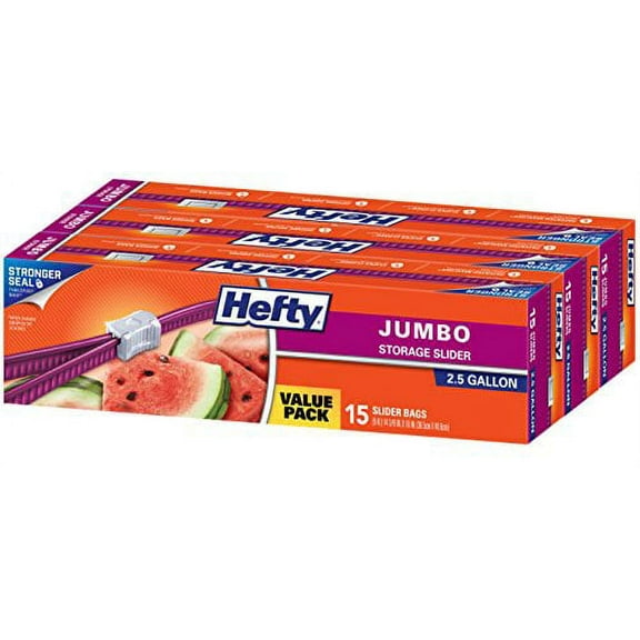 Hefty Slider Jumbo Storage Bags, 2.5 Gallon Size, 15 Count (Pack of 3), 45 Total