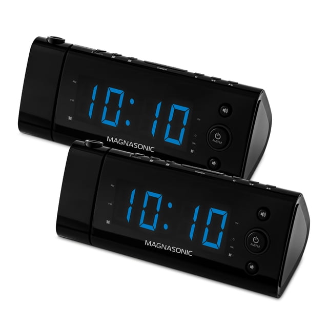 Magnasonic USB Charging Alarm Clock Radio with Time Projection, Battery Backup, Auto Time Set, Dual Alarm, 1.2" LED Display for Smartphones & Tablets - 2 PACK