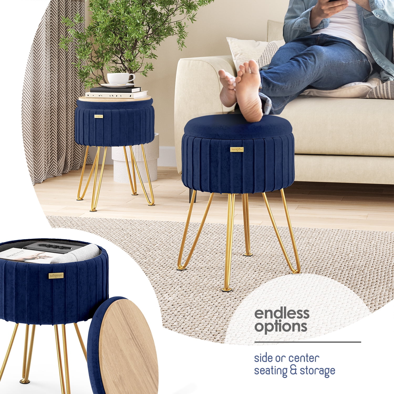 Hearth & Harbor Round Ottoman with Storage, Luxurious Foot Stool and Chic Vanity Stool with Storage, Elegant Pleated Velvet Blue