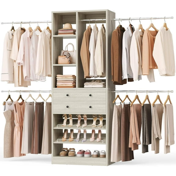 Closet System, 4.2–8.8 FT Closet Organizer with 2 Wooden Drawers and Shelves, Walk-in Closet System with 5 Hang Rods, Built-in Reach in Closet Tower, Can Fit 60 to 96 inch, Greige Oak