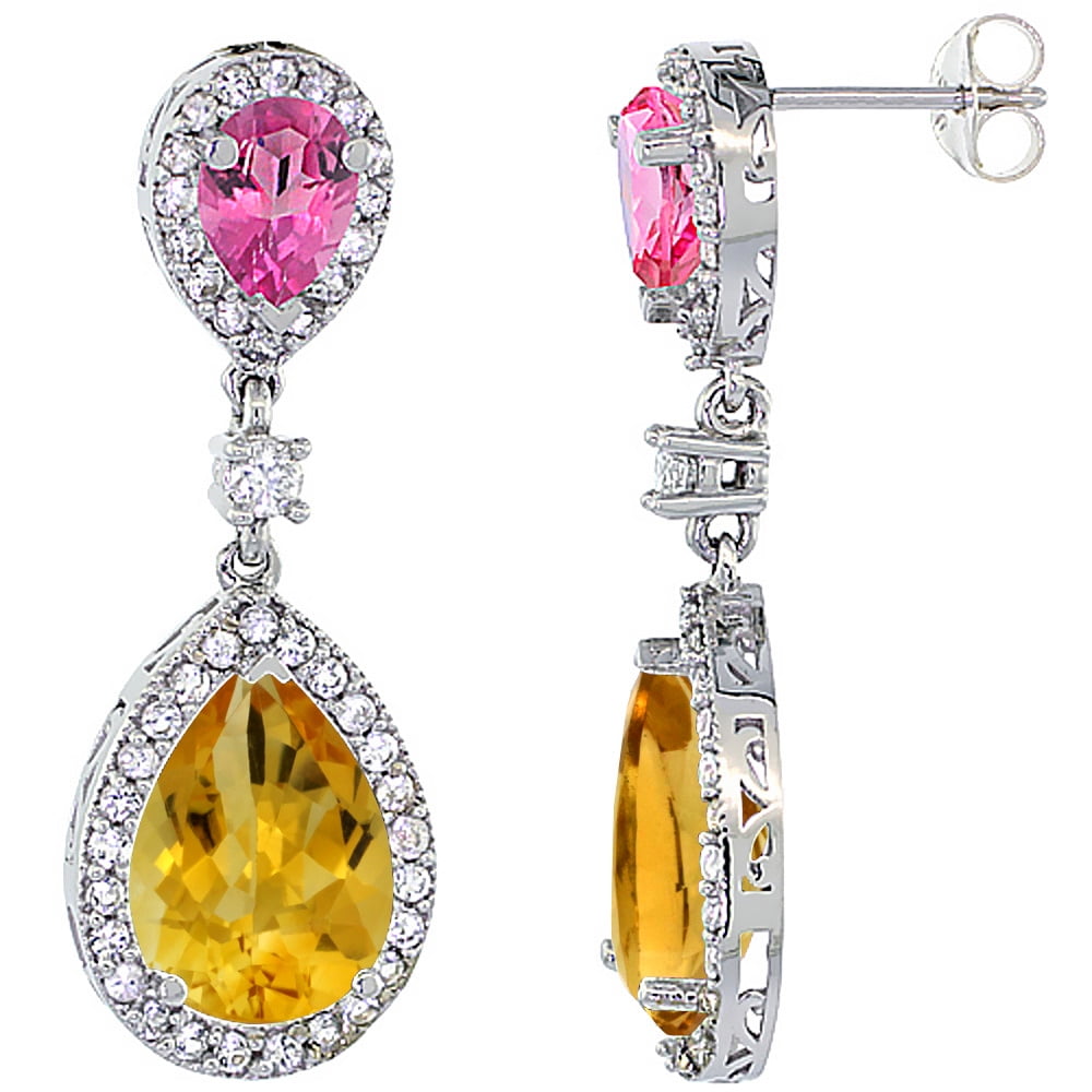10K White Gold Natural Citrine & Pink Topaz Teardrop Earrings White Sapphire & Diamond by WorldJewels