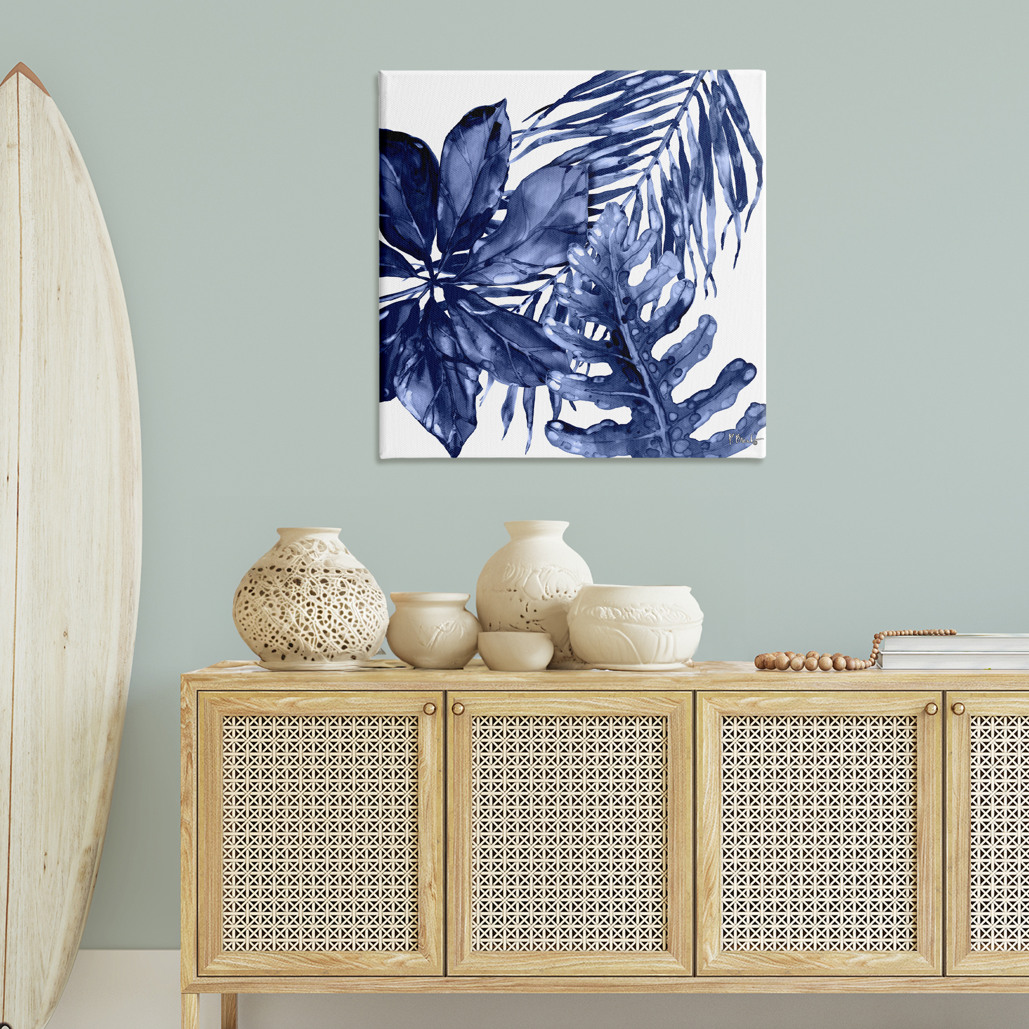 Stupell Industries Blue Hued Plant Leaves Botanical & Floral Painting Gallery Wrapped Canvas Art Print Wall Art, 36 x 36