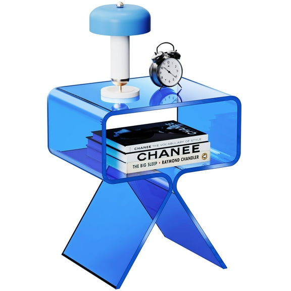 Acrylic Nightstand Side Table Modern Design Clear Home Decor Display End Table for Living Room (Blue)