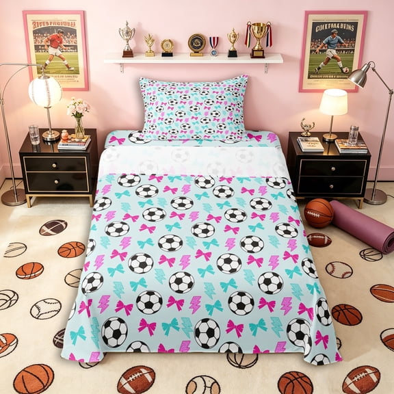 Erosebridal Soccer Print Cartoon Bow Twin Sheet Sets 3pcs for Boys Girls,Kids Teens Pink Teal Lightning Bedding,Breathable Home Decor
