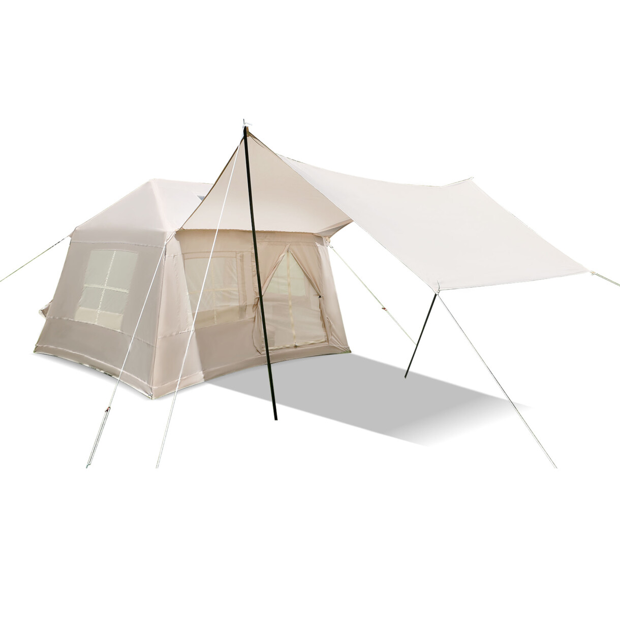 5.72 M² Inflatable Camping Tent with Canopy 4 Season Windproof Outdoor Tent for Adults Easy Setup with Stove Jack Mesh Windows and Pump for Family Glamping Adventures