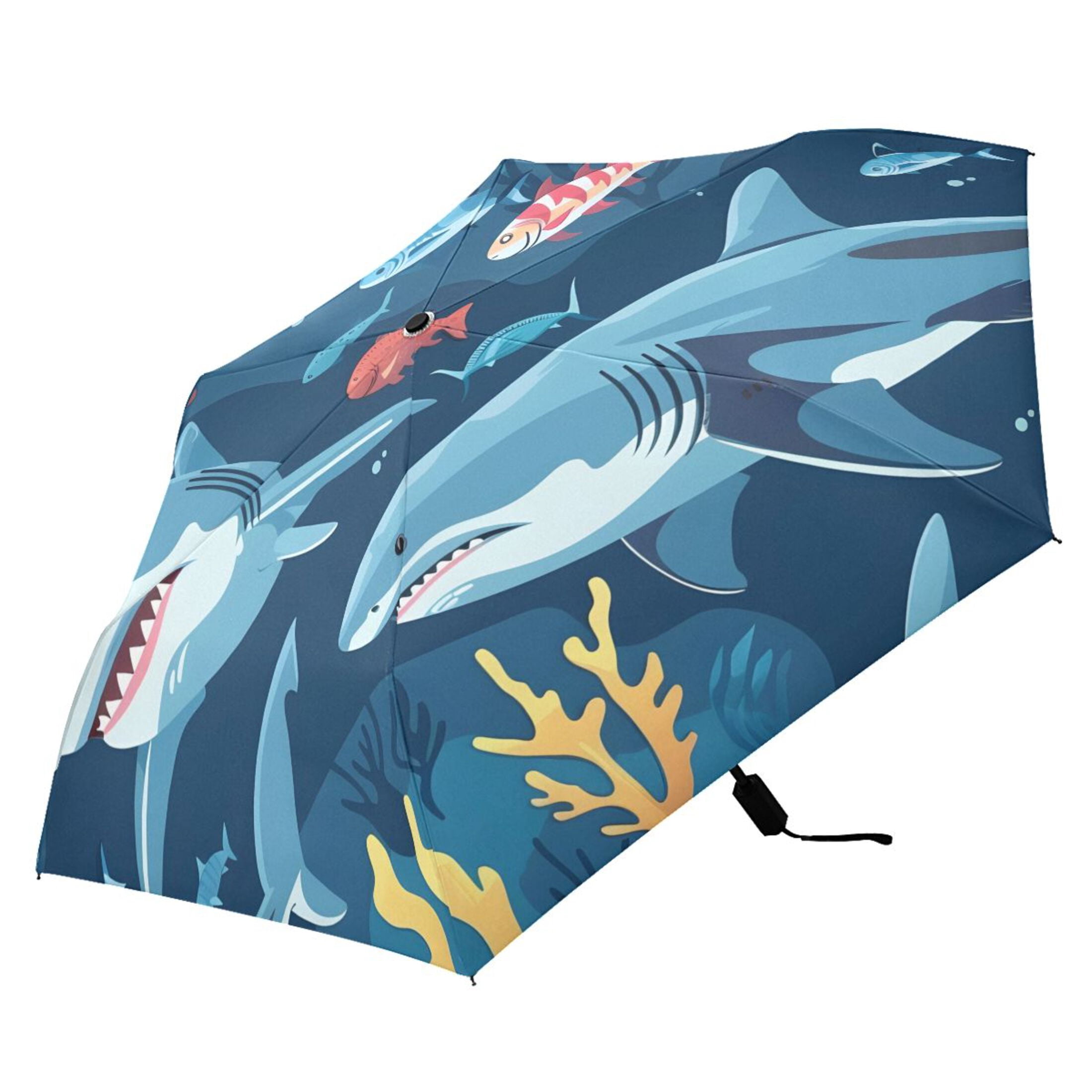 Cartoon Sharks Underwater Compact Sun Umbrella Windproof Travel Umbrellas for Rain Strong Portable UV Protection