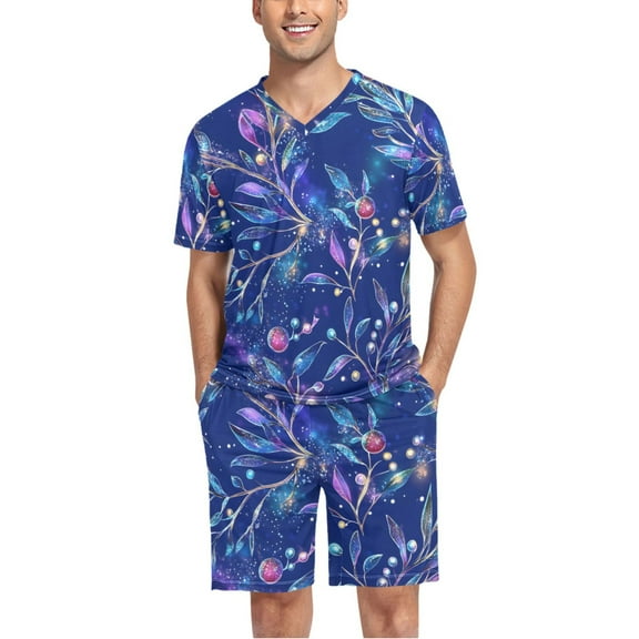 joogoo Men's Pajama Set Christmas Light Berry Leaves V-Neck Pj Shorts Set 2 Piece Loungewear Sleepwear L