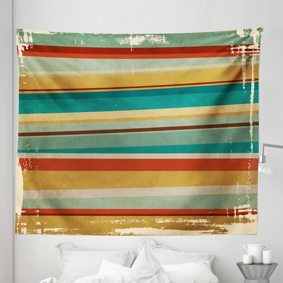 Brown and Blue Tapestry, Geometric Stripes Pattern Retro Inspired Lines Worn Frame Design Abstract, Fabric Wall Hanging Decor for Bedroom Living Room Dorm, 5 Sizes, Multicolor, by Ambesonne