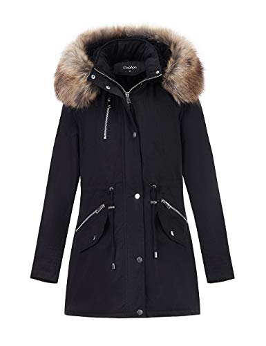 Giolshon Women's Twill Parka Jacket with Faux Fur Collar,Warm Winter Coat for Women Fall and Winter, Size: Medium, Black