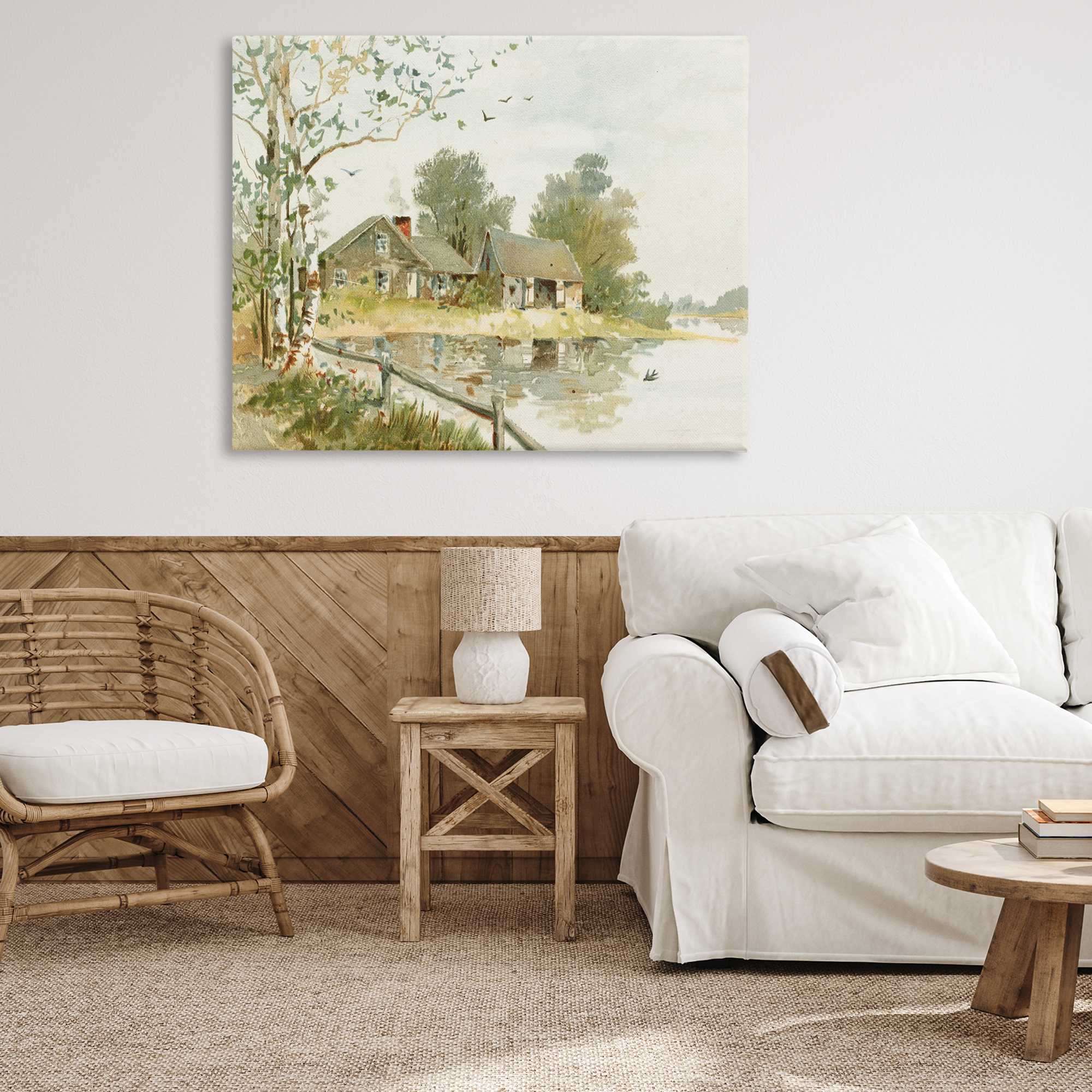 Cabin Along River's Edge Canvas Wall Art, design by Lettered and Lined