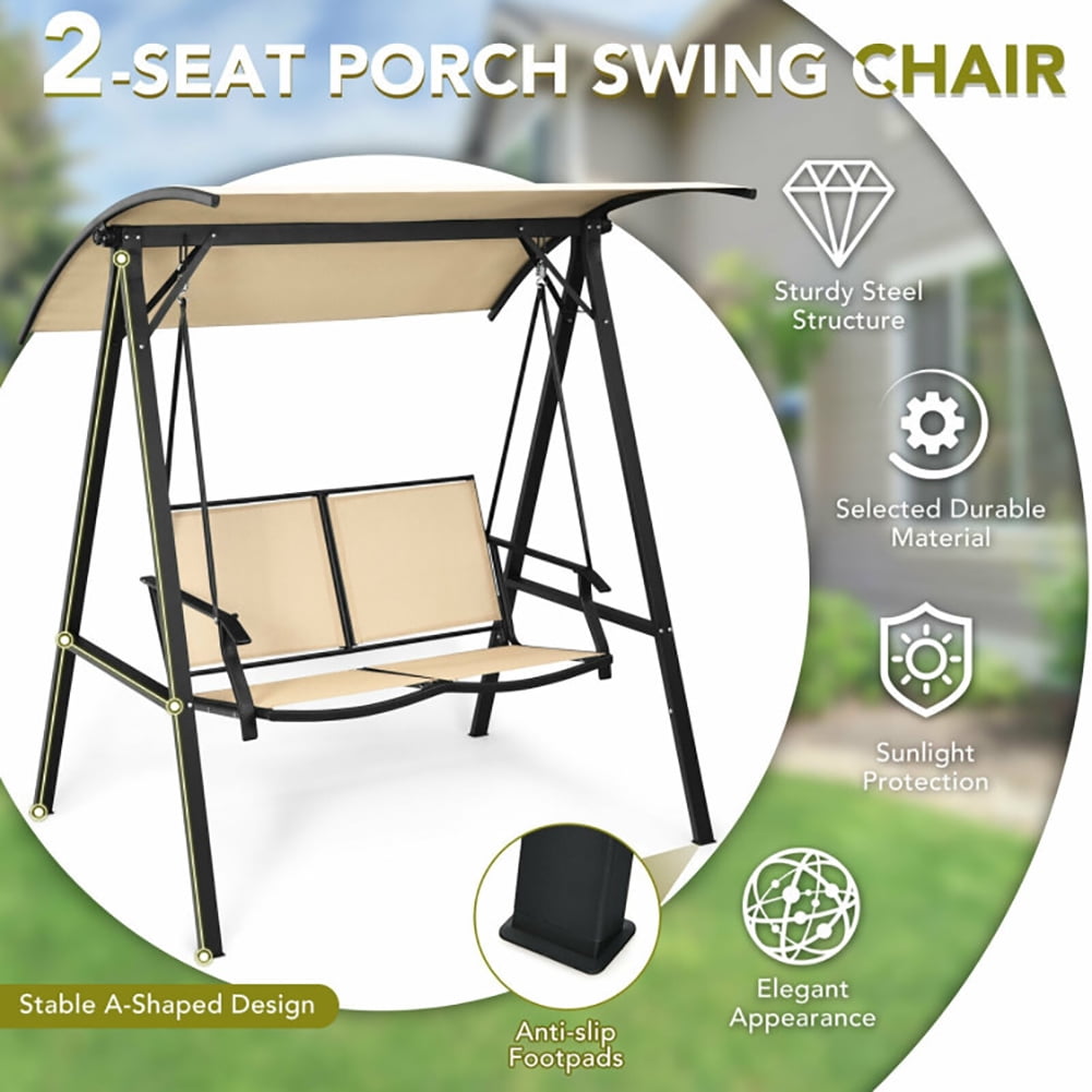 Aimee Lii Outdoor Porch Steel Hanging 2-Seat Swing Loveseat with Canopy, Outdoor Swing Chair, Beige