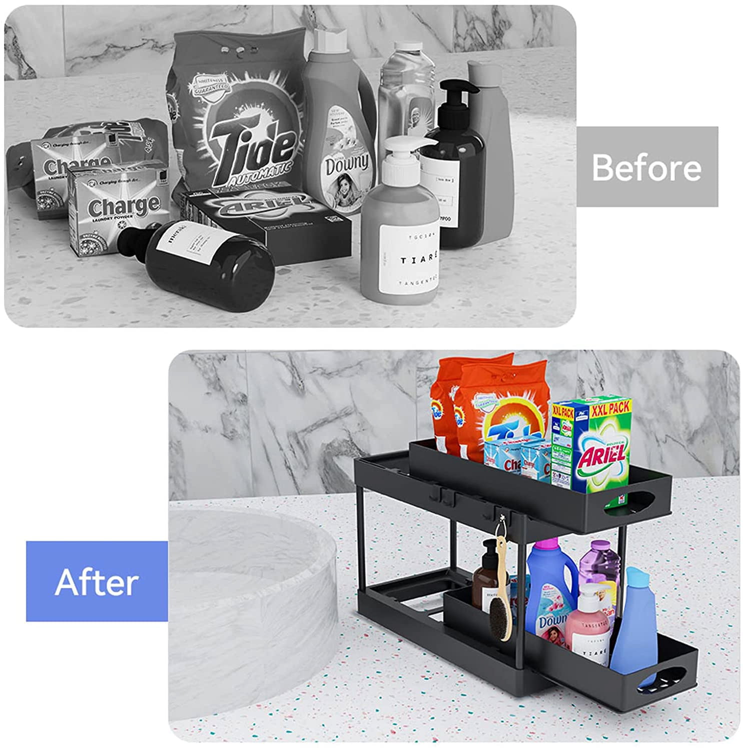 Pull Out Under Sink Cabinet Organizer, 2-Tier Sliding Storage Drawer Basket Organizer for Kitchen Bathroom with Hooks