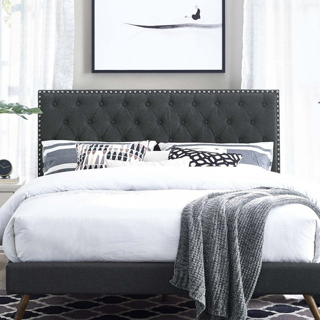 Modway Helena Tête de Lit Capitonnée Simple Rembourrée en Tissu de Lin Gris