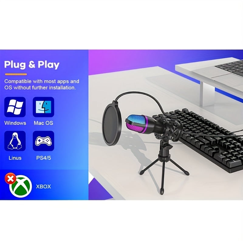 RGB Condenser Gaming Microphone Kit - PC USB Microphone with Tripod/Spray Cover | for Live Streaming/Podcasting/Ps5/Pc Gaming/Online Conferencing