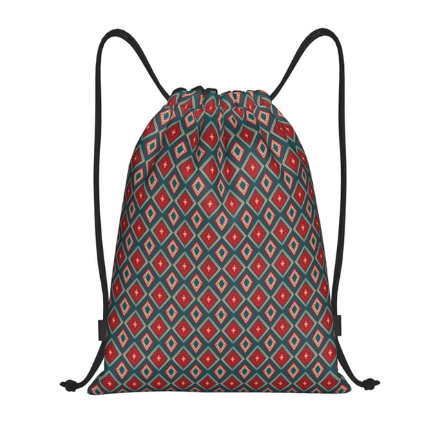 Saiise Red And Orange On Blue Teal Pattern Sports Drawstring Backpack - String Swim Gym Bag with Wet Proof Pocket for Women&Men-Medium