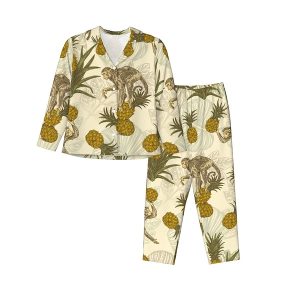 Vsdgher Monkeys and Pinealpples Pajamas Set Long Sleeve Sleepwear Womens Button Down Nightwear Pj Sets-Small