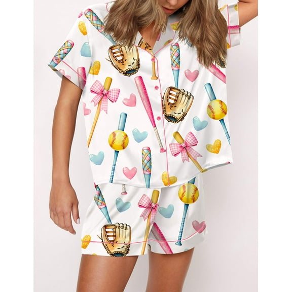 SheShow Coquette Softball Print Silky Casual Short Sleeve Pajama Set for Women, White, XXL