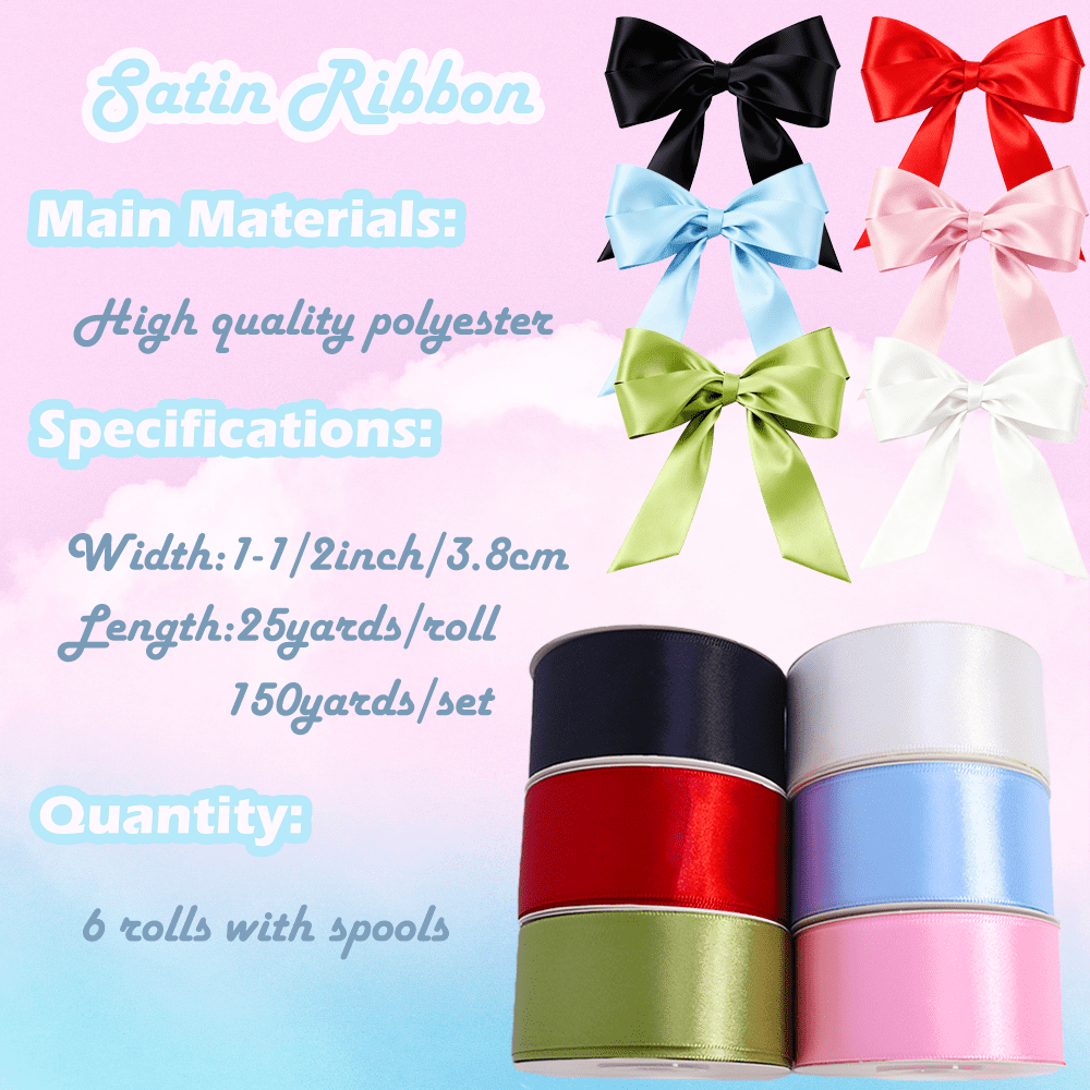 Yarniss Satin Ribbon 6 Rolls Total 150 Yards, 1-1/2 Inches 25 Yards, Solid Fabric Ribbon Roll for Flower Bouquets, Gift Wrapping, Wedding, Handmade Crafts