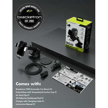Bracketron PwrUp Automatic Universal 15W Qi Fast Wireless Charging 3 in 1 Dashboard Windshield and Vent Mount