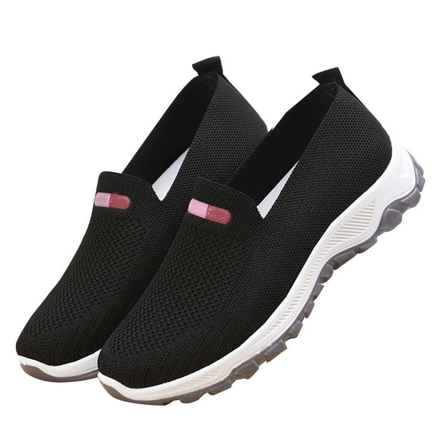 Zapatos de mujer sin cordones con suela suave de tela de malla, zapatillas informales para deportes diarios y al aire libre, color negro 41