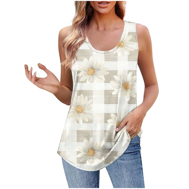 UPPADA Camisoles Mignonnes pour Femmes Tendance Col Rond à Fleurs Hauts d'Été Sans Manches Blouses Chic Décontracté Camisoles Graphiques Beige,P