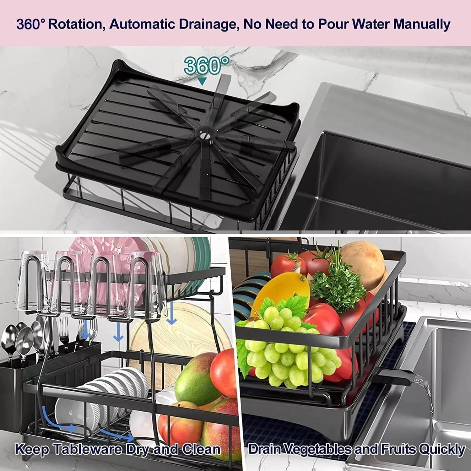 2-Tier Kitchen Dish Drying Rack with Drain Board, Carbon Steel Utensil Holder, Space-Saving Design for Plates, Cups & Cutlery