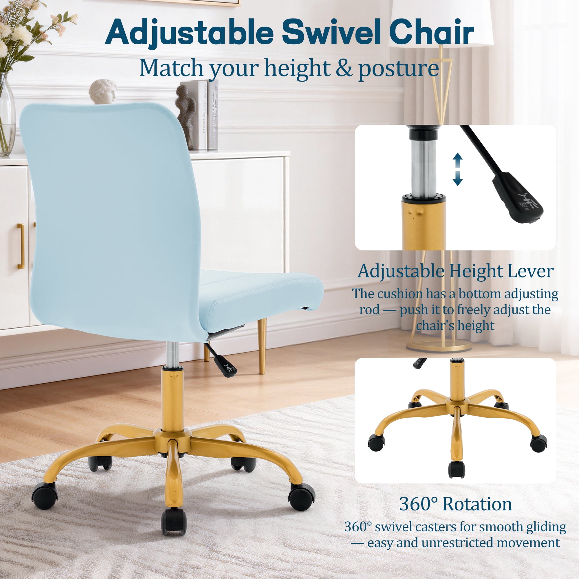 Korser Armless Home Office Desk Chair with Back Modern Vanity Chair with Adjustable Height,360° Swivel Task Chair,Velvet,Blue