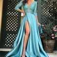 thumbnail image 4 of Vestido de noche de manga larga con escote en V para mujer, elegante vestido de fiesta largo con abertura hasta el muslo y talle imperio, vestido de cóctel para fiesta de boda (2XL), 4 of 4