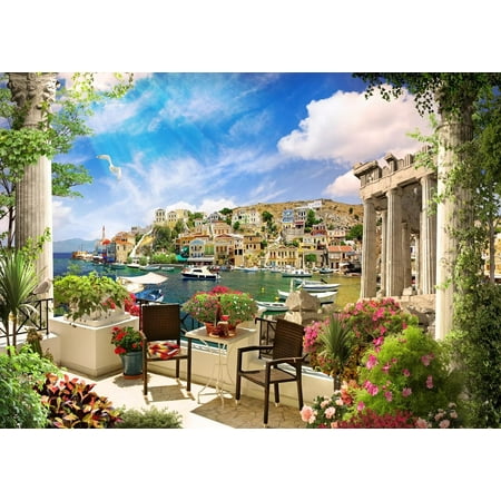 Image of 9x6ft Fabric Europe Italy Photography Backdrop Tuscany Romantic Terrace View of Mediterranean Bay Boat Costal