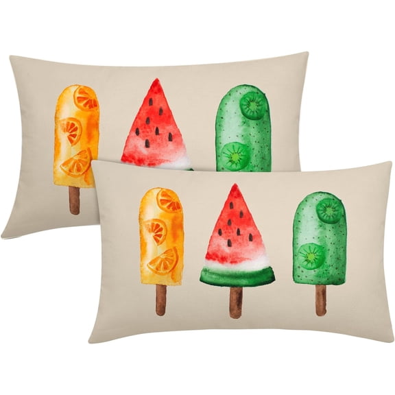 Summer Ice Cream Popsicle Lumbar Pillow Covers 12X20 Inch Watercolor Orange Watermelon Kiwi Fruits Decorative Pillow Cases Set of 2 Seasonal Throw Pillows Farmhouse Home Decor for Sofa Couch Outdoor