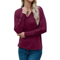 thumbnail image 3 of HUBERY Women V Neck Buttons Spliced Long Sleeve Solid Color Pullover Top, 3 of 7