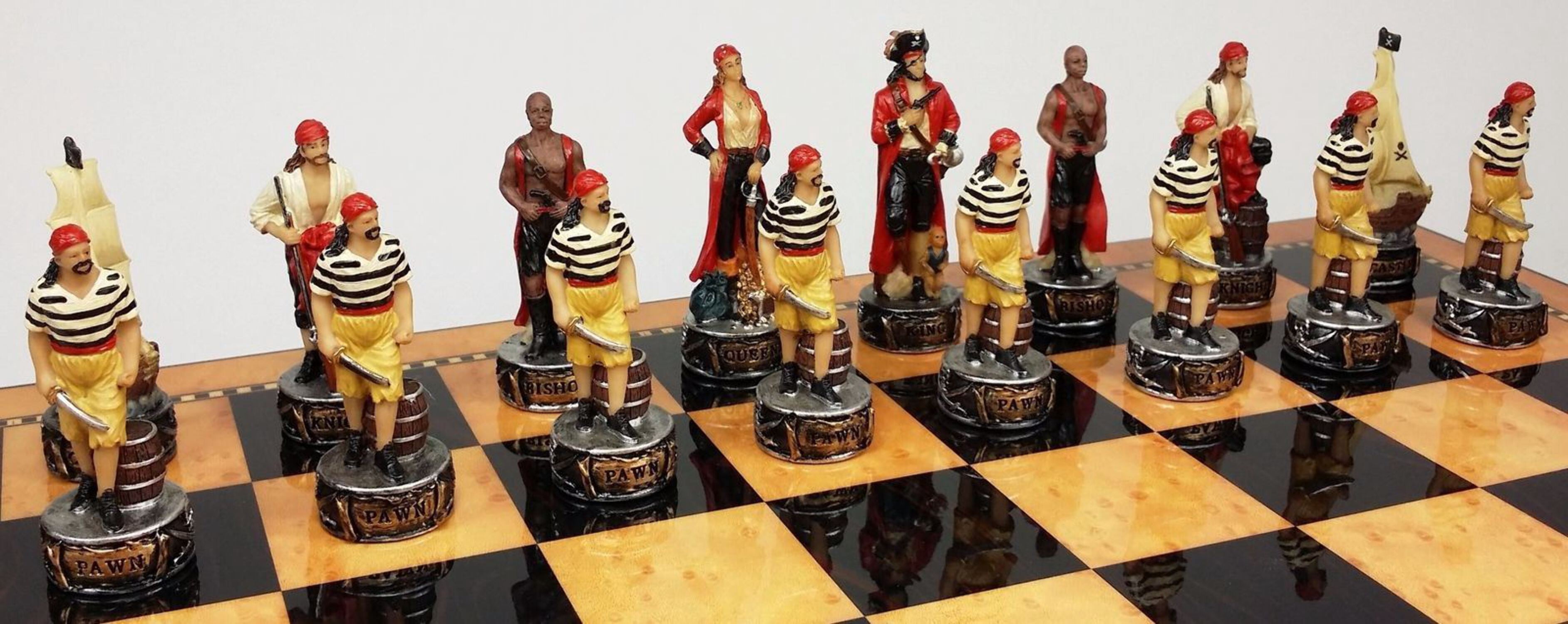 Pirates Vs Royal Navy Pirate Chess Set W 18" Maple  Walnut Color Board