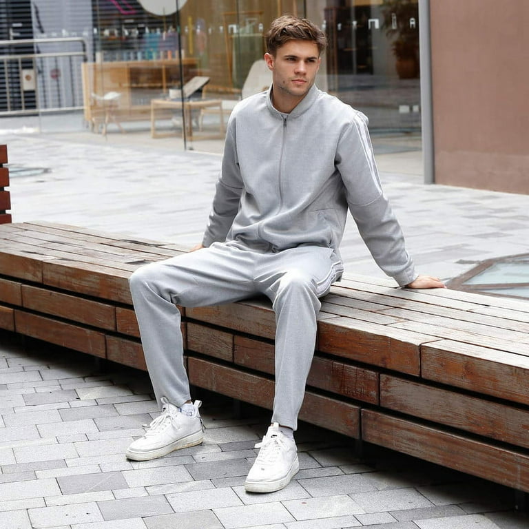 Tracksuits Men,Full Zip Athletic Sport Sweatsuits Outfits 2 Piece,Polo  Jogging suits for Men-Grey，L 
