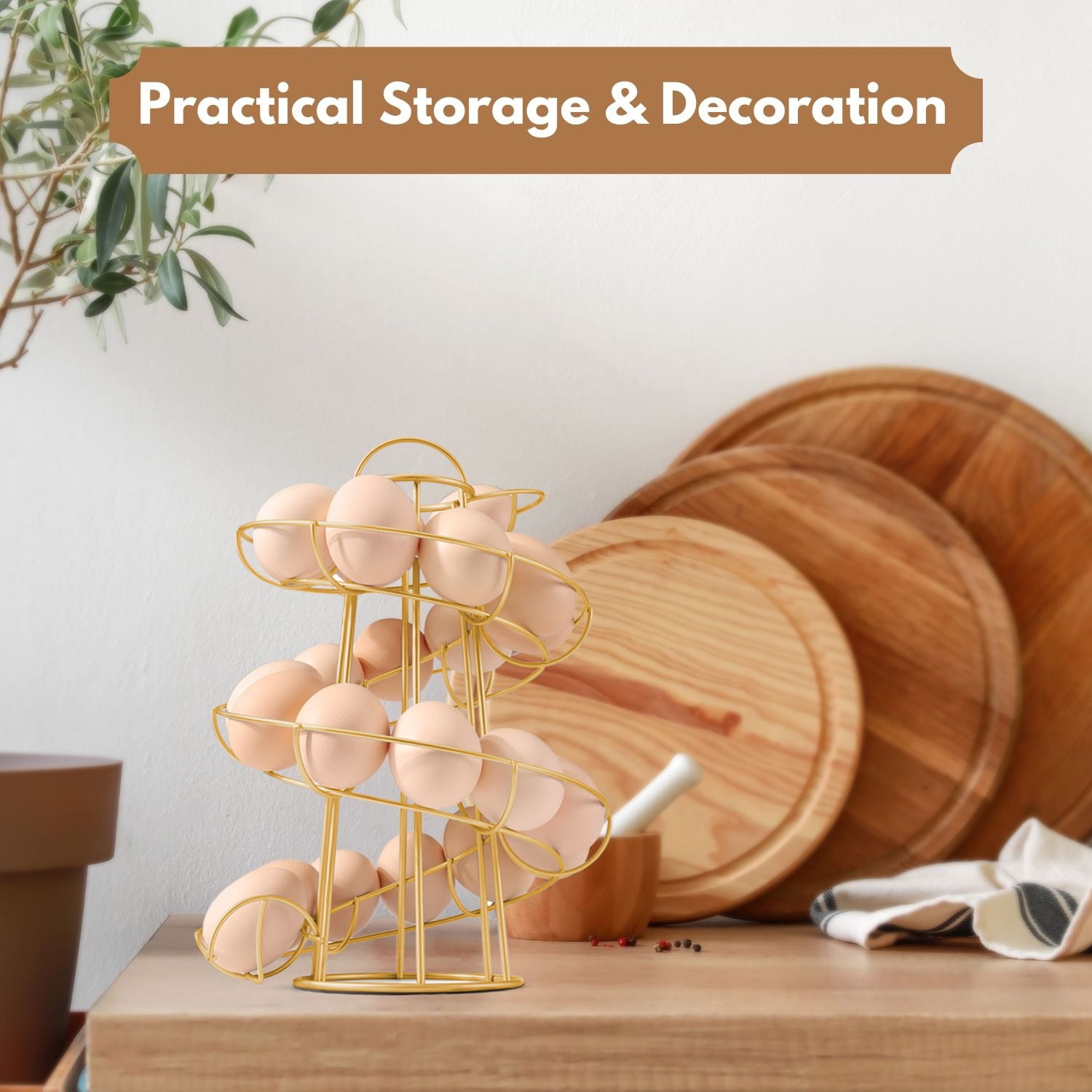 Egg Skelter Deluxe Modern Spiraling Dispenser Rack (Medium) - Chrome Plated Freestanding Wire Chicken Egg Storage Organizer Display Holder Basket for Countertop Kitchen, Gold