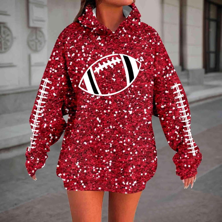 glitter hoodie dress OSOLU Women's Speckle Football Graphic Long Sleeve Oversized Pullover Sweatshirt Tunic Red sale: 20December US