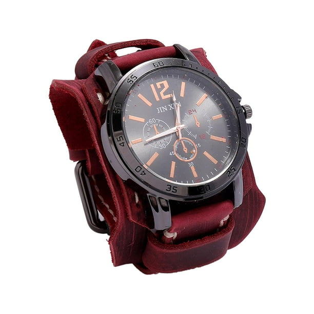 Milaget Men Wrist Cuff Watch Male Wristwatch Leather Bracelet Watch for Wedding Birthday Red