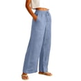 thumbnail image 5 of Linen Pants Women Wide Leg Casual Summer Vacation Outfits Travel Beach Pants Elastic Waist Ankle Split with Pockets Blue XL, 5 of 7