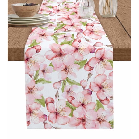 Pink Flowers Table Runner Watercolor Spring Botanical Floral Leaves Tablerunners 13 x 72 Inch Table Decorations Tabletop Scarf for Summer Gathering Holiday Farmhouse Kitchen Dining Decor