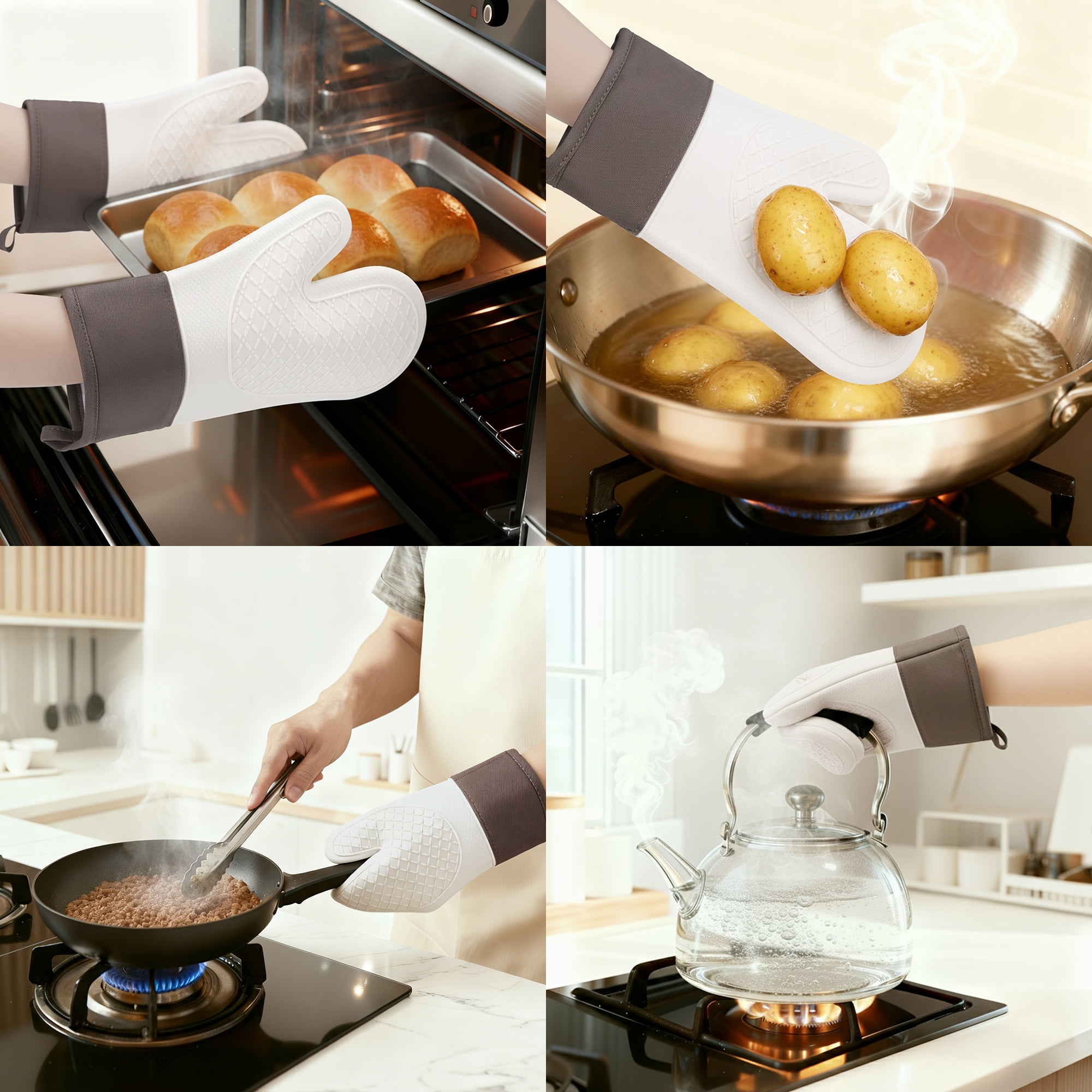 Unique Bargains 2pcs Soft Silicone and Cotton Heat-Resistant Oven Mitts White 11.2" x 7.7"