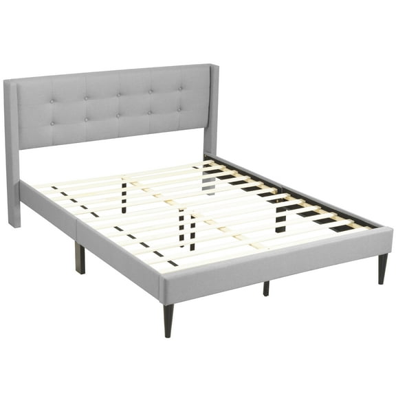 Larksperal Queen Size Bed Frame Platform with Fabric Upholstered Headboard and Wooden Slats Support, Grey